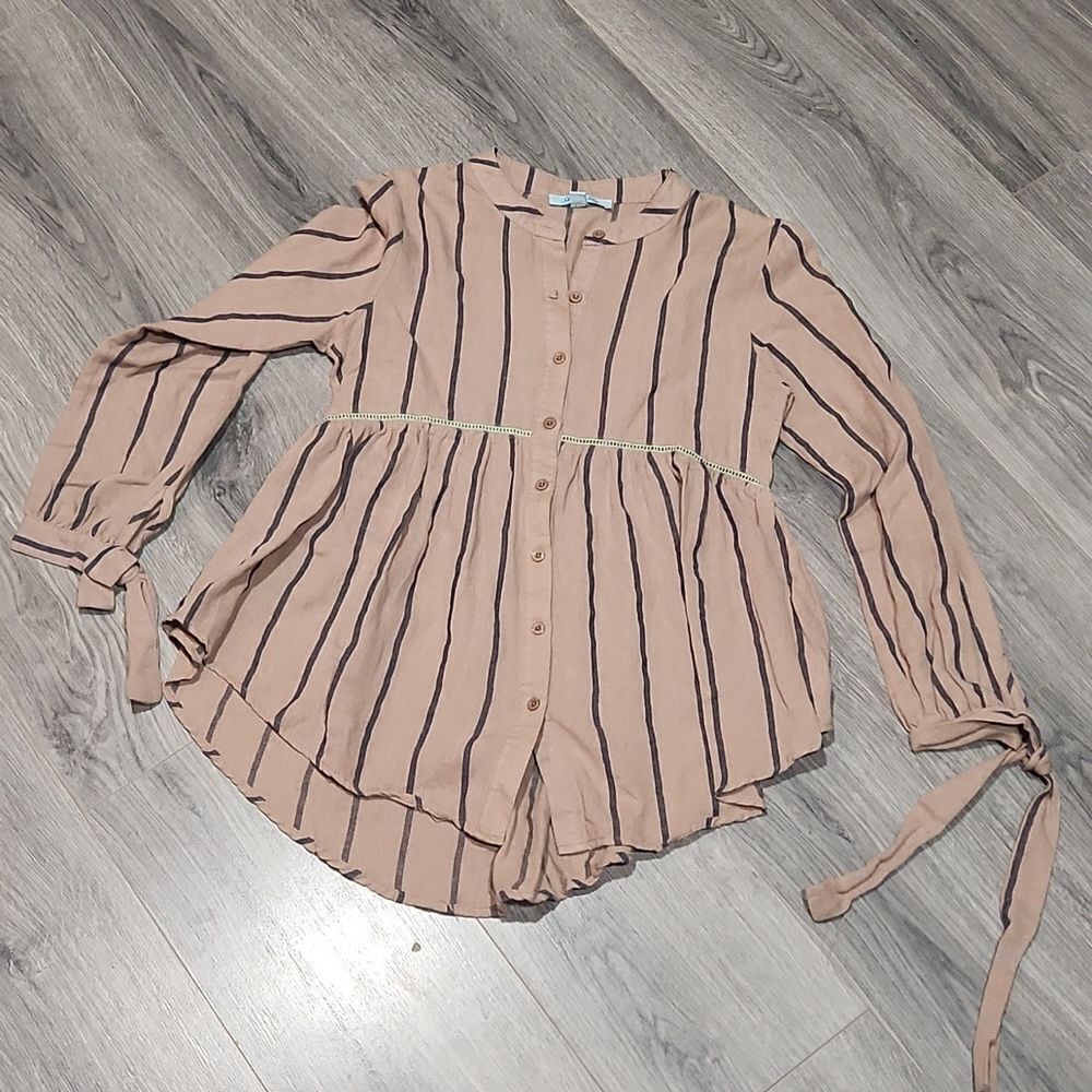 She + Sky Boho Taupe Navy Striped Tie Top